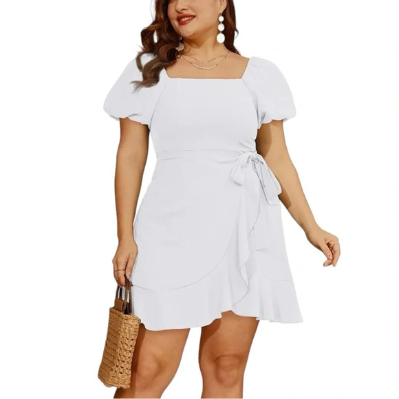 New Women’s Puff Sleeve Dress or Casual Square Neck Tie Waist Wrap Short Dress - Picture 5 of 6